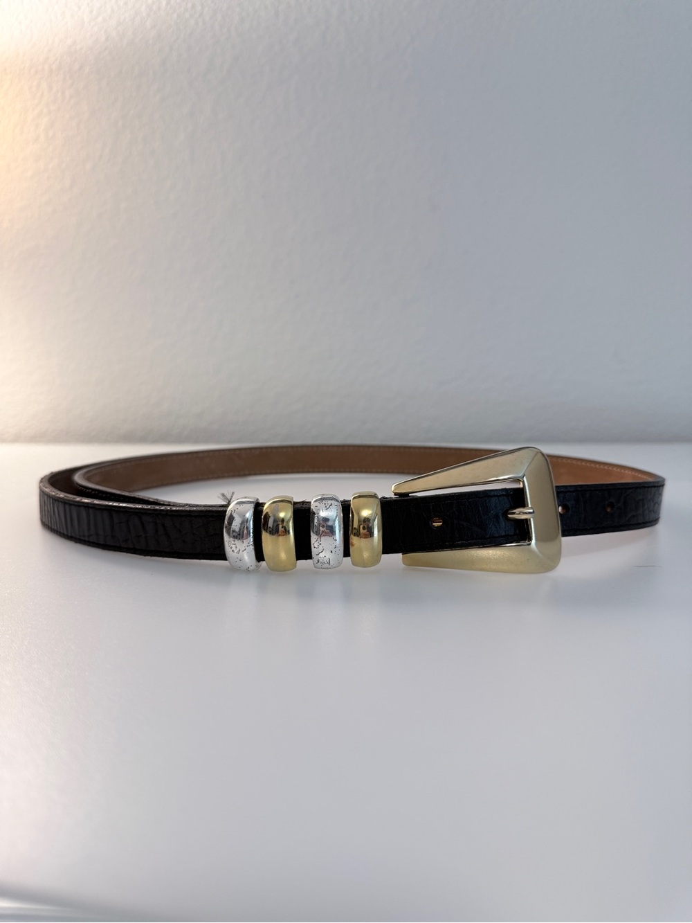 Streets Ahead Black Leather Belt Mixed Metal Buckle Size M Made in USA